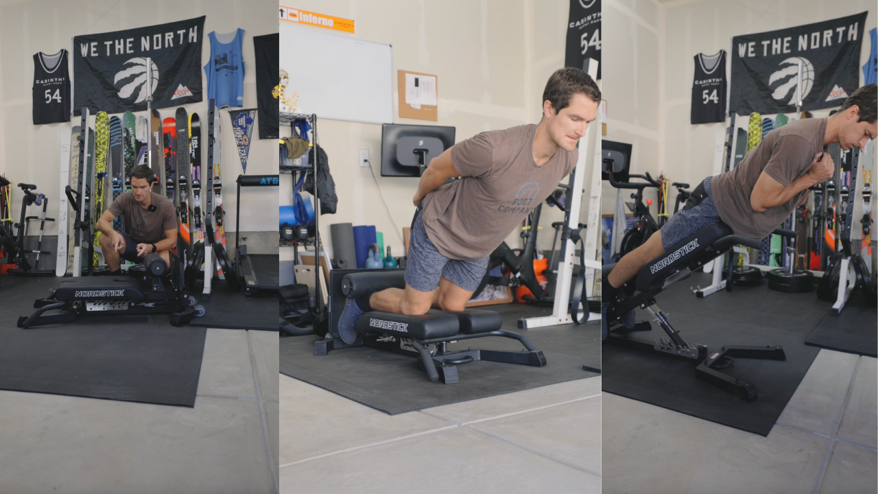 Three photos of the Nordstick Nordic bench in a garage gym: setting it up, kneeling into position, and lowering into a Nordic curl