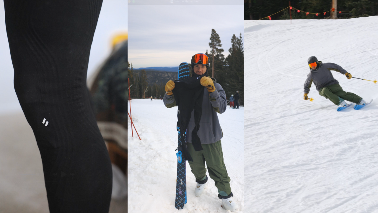 Three photos of a black knee compression sleeve: a close-up on the leg, holding one up at the ski hill, and skiing a groomer wearing it