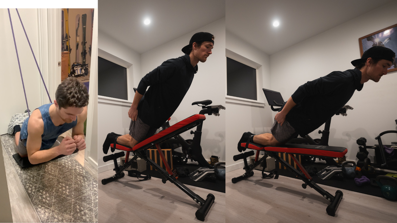 Three Nordic curl setups at home: kneeling on a pad with a resistance band anchored to a door frame, and kneeling on an adjustable bench with feet hooked under the pads