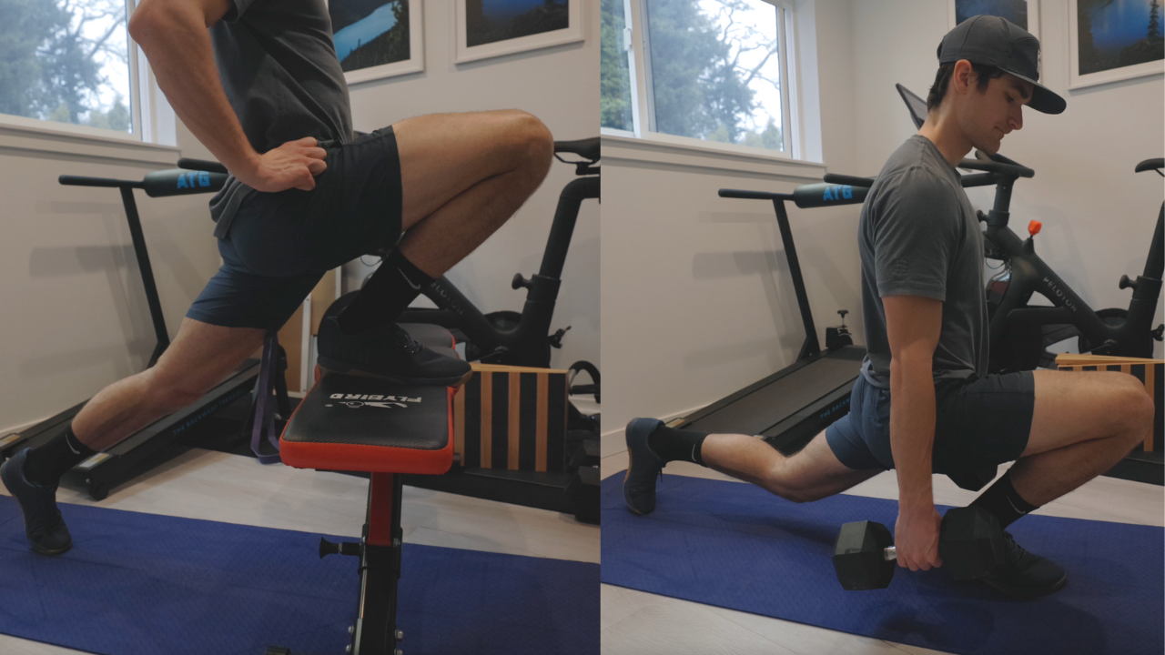Two split squat variations in a home gym: front foot elevated on a bench, and a deep dumbbell split squat with the knee traveling over the toes