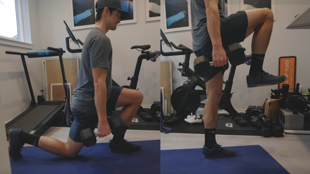Dumbbell split squat at the bottom position, then driving up into a single-leg knee raise