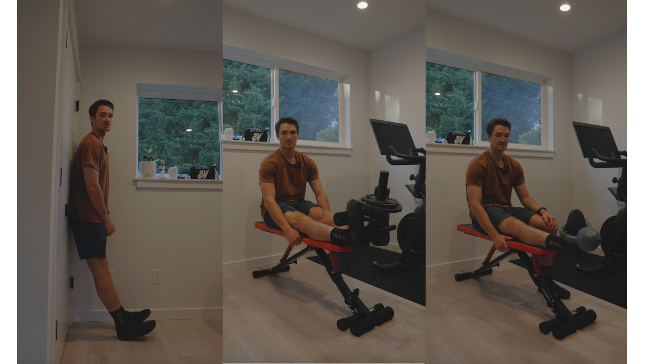 Three tibialis raise variations: standing raises leaning against a wall, and seated raises on a bench with a weight over the foot