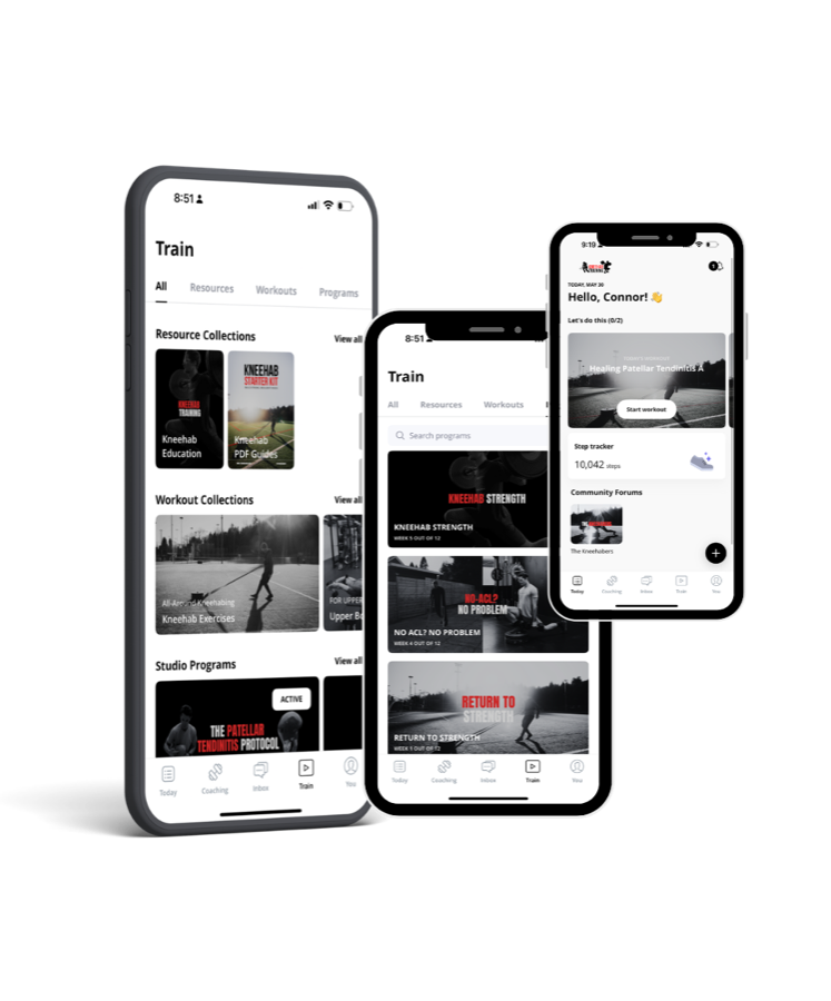Three phones showing the Kneehab Training App: the program library, a Kneehab Strength training week, and today's session with the step tracker