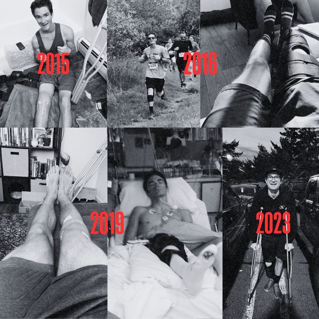 Six photos across Connor's four ACL tears, stamped 2015, 2016, 2019, and 2023: on crutches, in knee braces, racing in a brace, and in a hospital bed after surgery