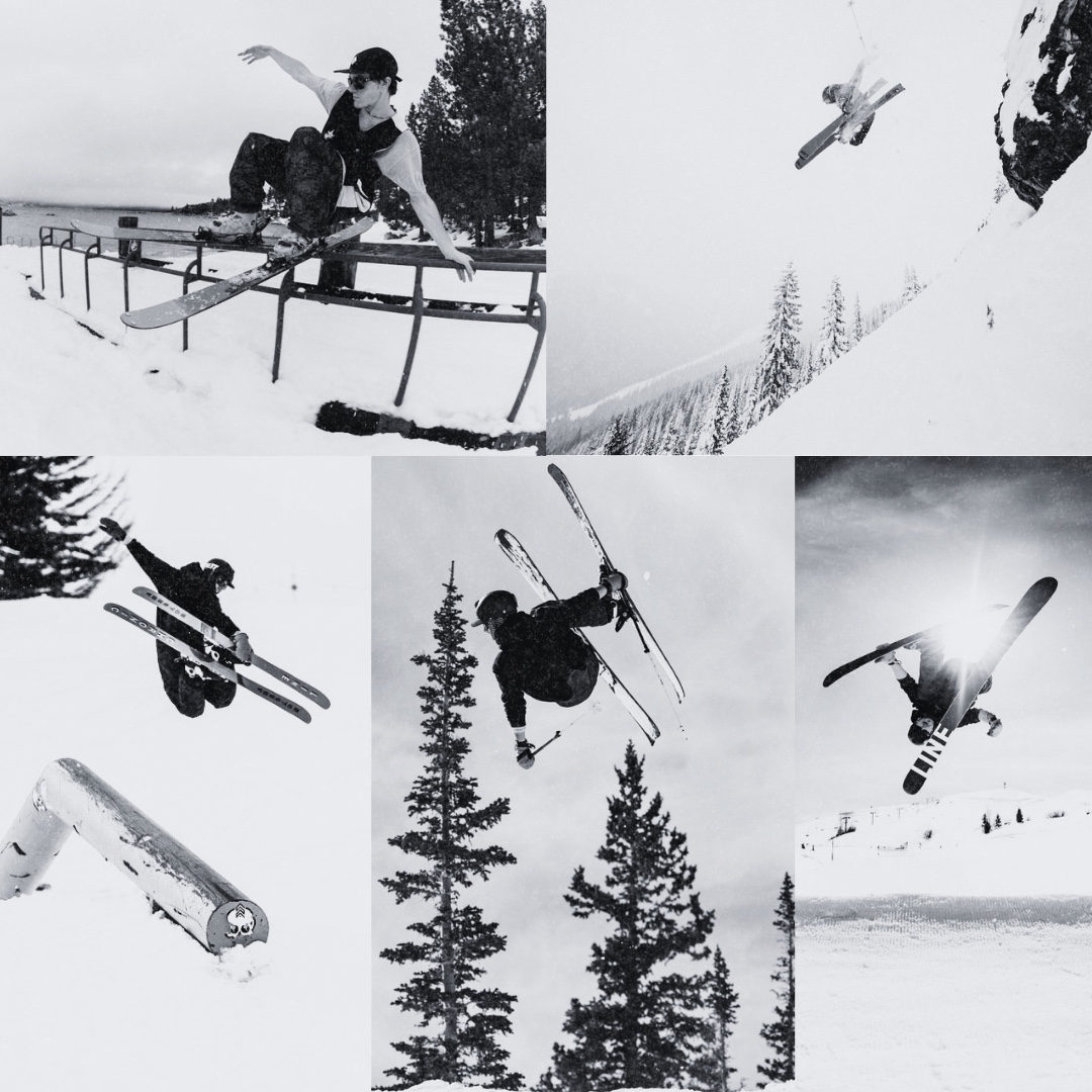Five photos of Connor skiing again after four ACL tears: sliding rails, dropping cliffs, and throwing backflips